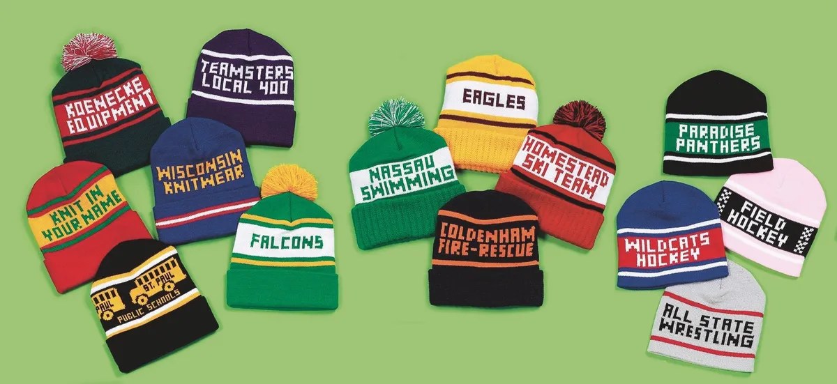 Collage of colorful custom knit hats and beanies with names knit in, custom winter knit hats made in Milwaukee, Wisconsin